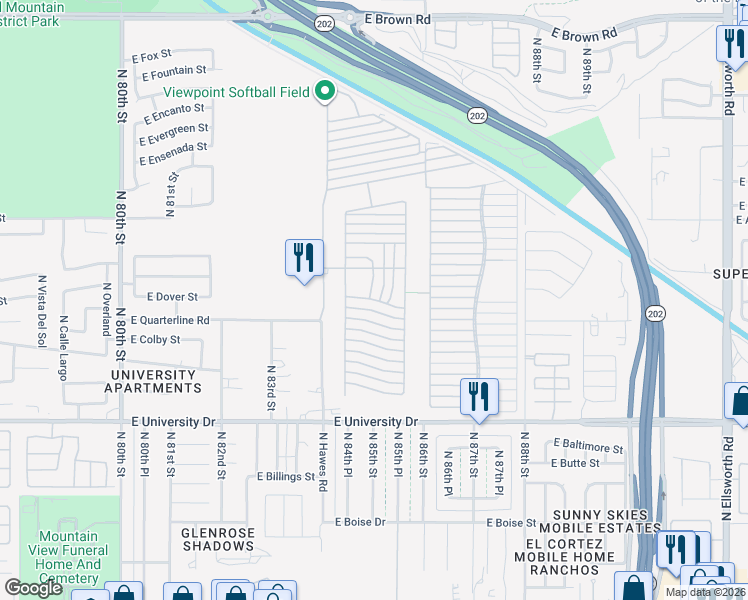 map of restaurants, bars, coffee shops, grocery stores, and more near Lane 3900 in Mesa