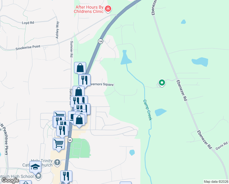 map of restaurants, bars, coffee shops, grocery stores, and more near 100 Governors Square in Peachtree City