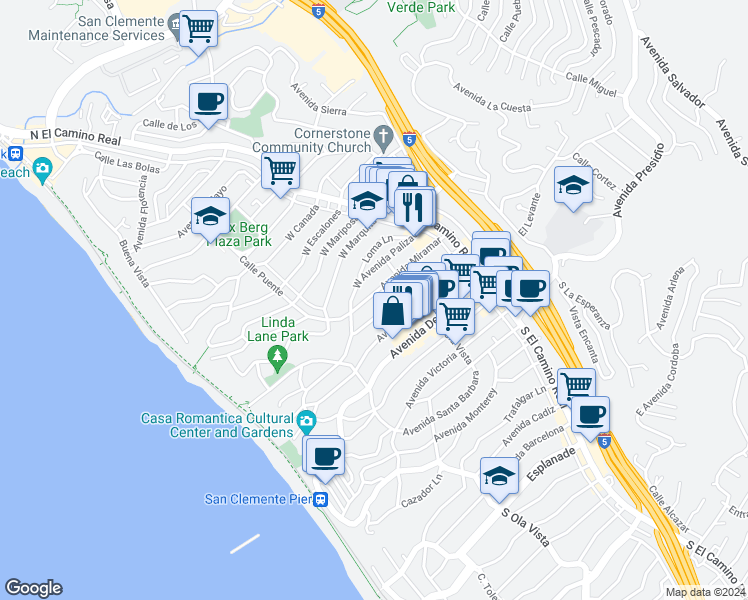 map of restaurants, bars, coffee shops, grocery stores, and more near in San Clemente