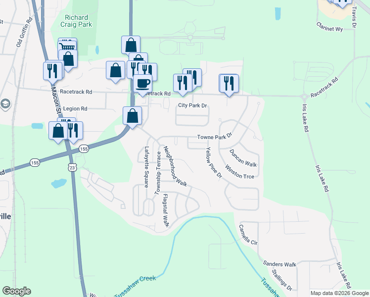 map of restaurants, bars, coffee shops, grocery stores, and more near 1955 Towne Park Drive in McDonough