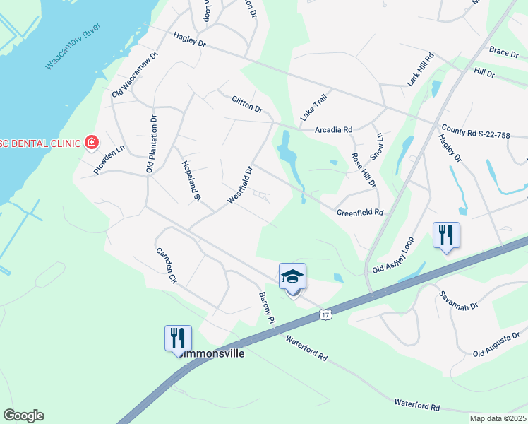 map of restaurants, bars, coffee shops, grocery stores, and more near 425 Greenfield Road in Pawleys Island