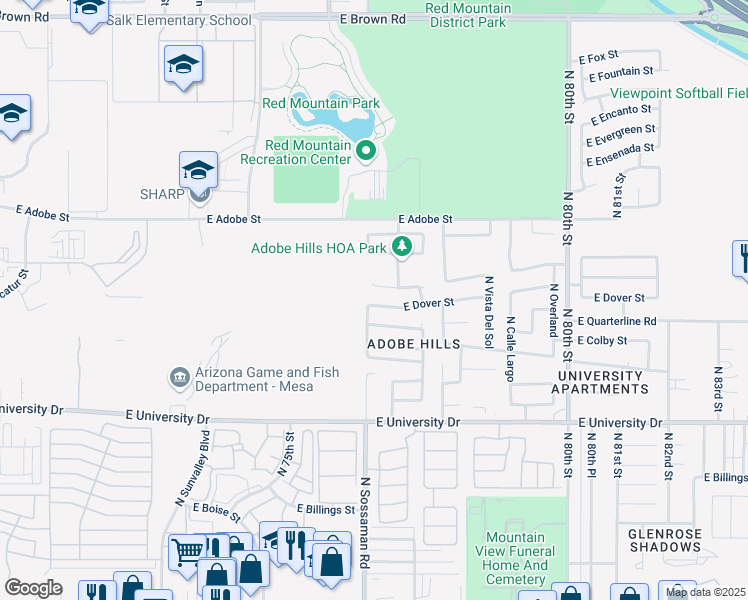 map of restaurants, bars, coffee shops, grocery stores, and more near 7605 East Des Moines Circle in Mesa