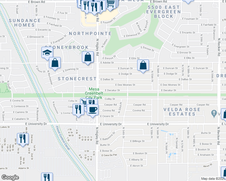 map of restaurants, bars, coffee shops, grocery stores, and more near 5304 East Decatur Street in Mesa