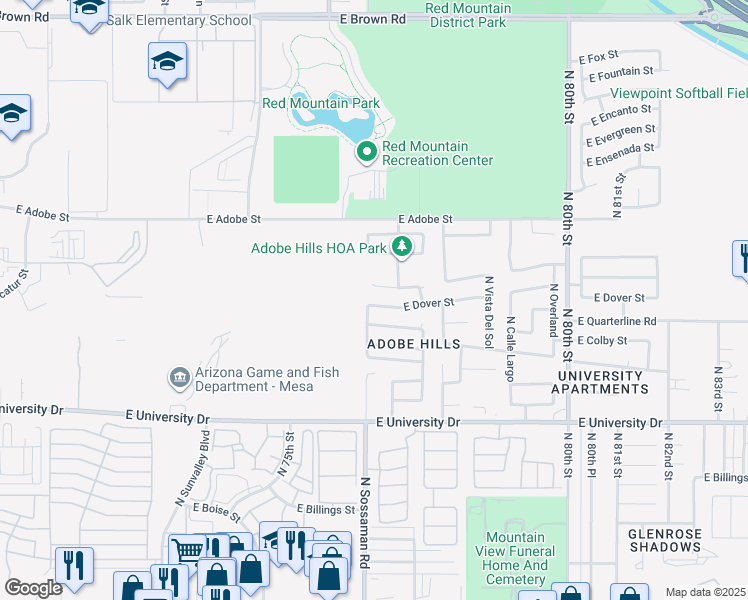 map of restaurants, bars, coffee shops, grocery stores, and more near 7605 East Des Moines Circle in Mesa