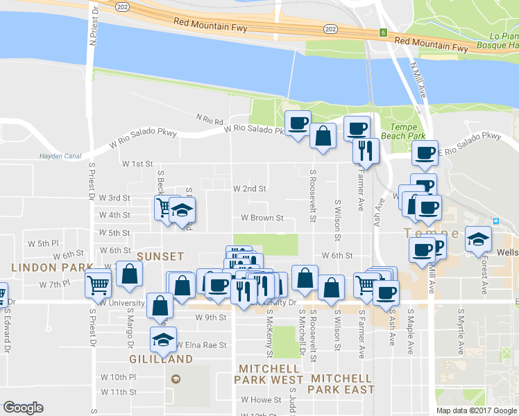 map of restaurants, bars, coffee shops, grocery stores, and more near 818 West 3rd Street in Tempe