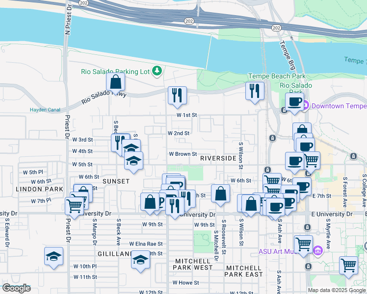 map of restaurants, bars, coffee shops, grocery stores, and more near 818 West 3rd Street in Tempe