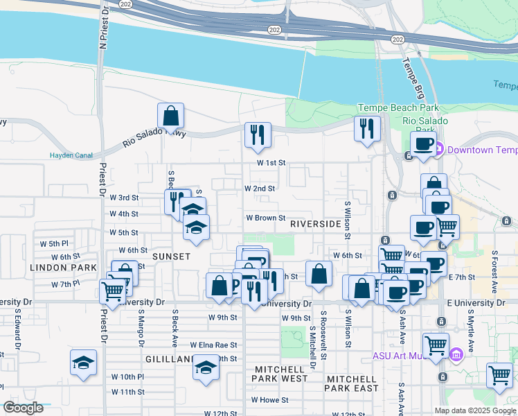 map of restaurants, bars, coffee shops, grocery stores, and more near 818 West 3rd Street in Tempe