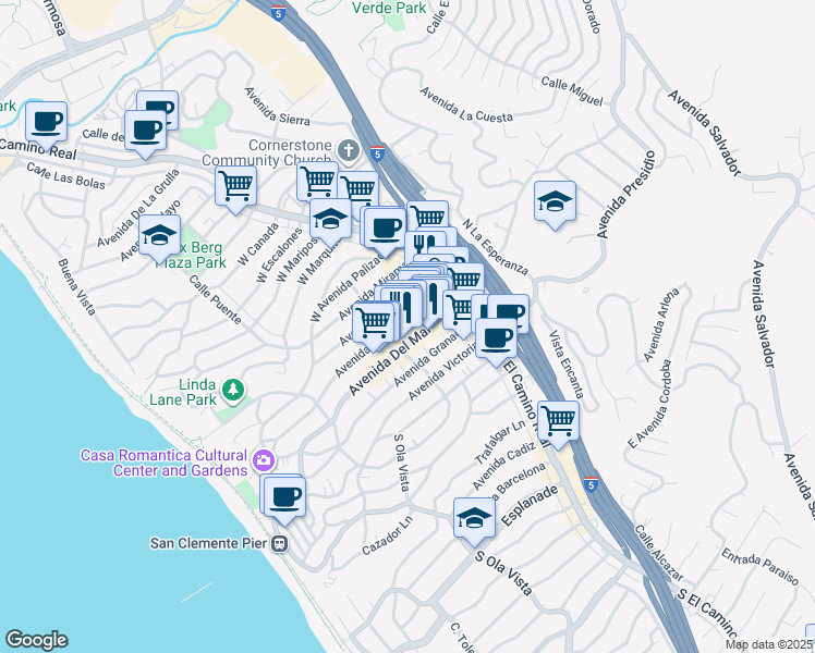 map of restaurants, bars, coffee shops, grocery stores, and more near 137 Avenida Serra in San Clemente