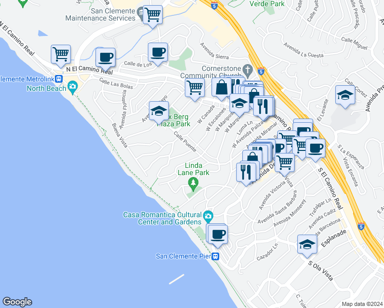 map of restaurants, bars, coffee shops, grocery stores, and more near 155 West Escalones in San Clemente