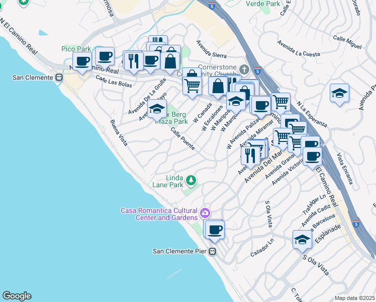 map of restaurants, bars, coffee shops, grocery stores, and more near 815 Calle Puente in San Clemente