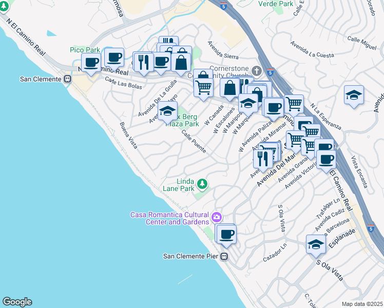 map of restaurants, bars, coffee shops, grocery stores, and more near 815 Calle Puente in San Clemente