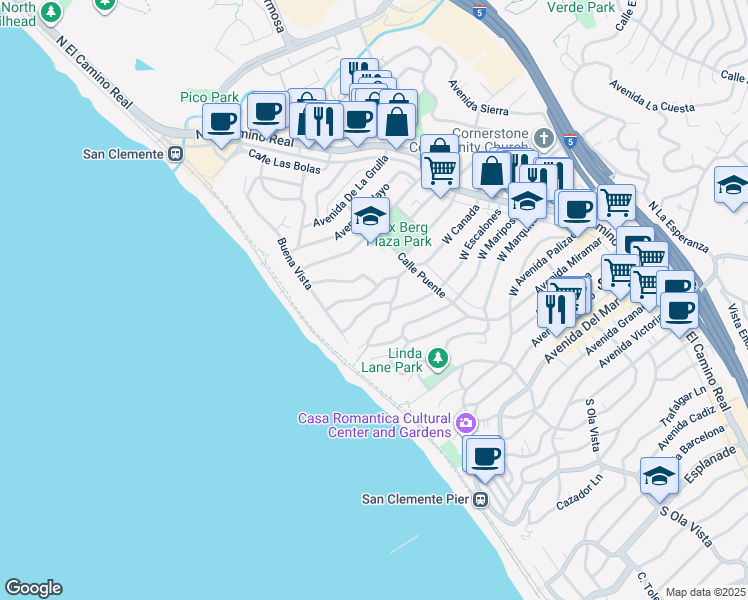 map of restaurants, bars, coffee shops, grocery stores, and more near 217 Avenida Del Poniente in San Clemente