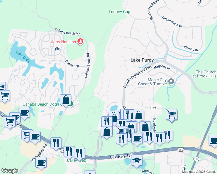 map of restaurants, bars, coffee shops, grocery stores, and more near 2122 Eagle Ridge Drive in Birmingham