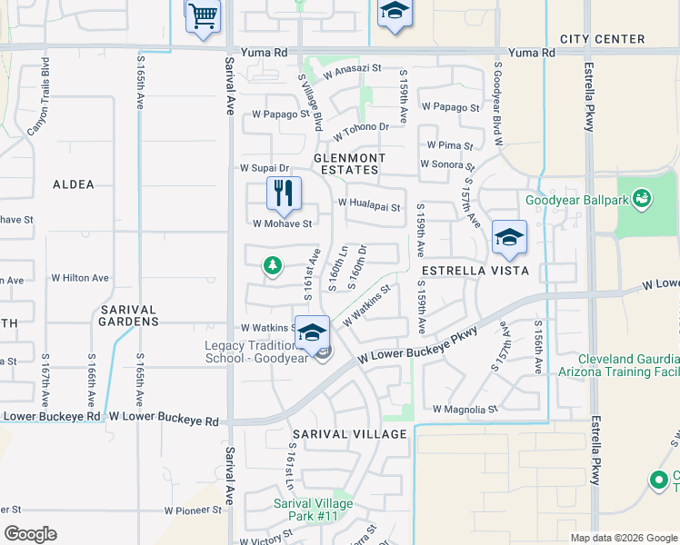map of restaurants, bars, coffee shops, grocery stores, and more near 2111 South 160th Lane in Goodyear