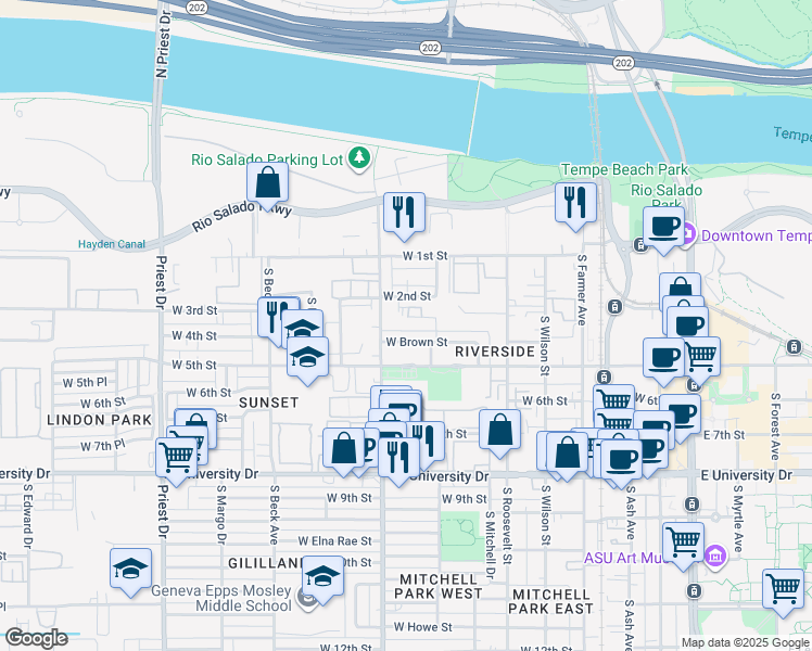 map of restaurants, bars, coffee shops, grocery stores, and more near 818 West 3rd Street in Tempe