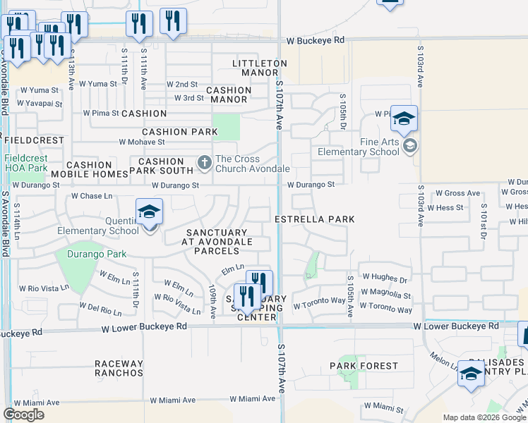 map of restaurants, bars, coffee shops, grocery stores, and more near 2109 South 107th Drive in Avondale