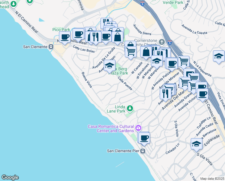 map of restaurants, bars, coffee shops, grocery stores, and more near 226 West Canada in San Clemente