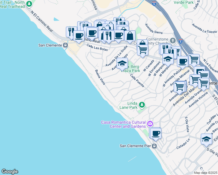 map of restaurants, bars, coffee shops, grocery stores, and more near 1006 Buena Vista in San Clemente