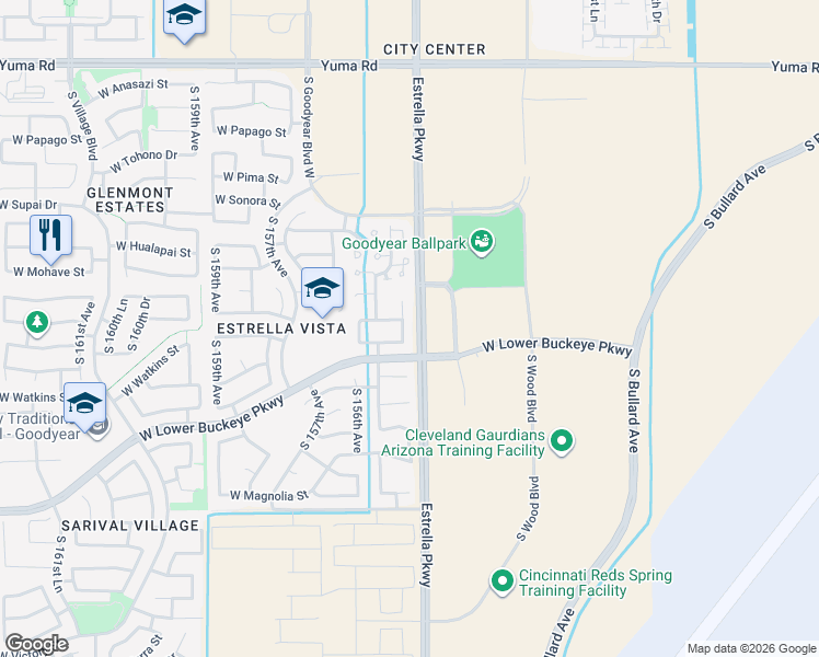 map of restaurants, bars, coffee shops, grocery stores, and more near 2137 South 155th Drive in Goodyear