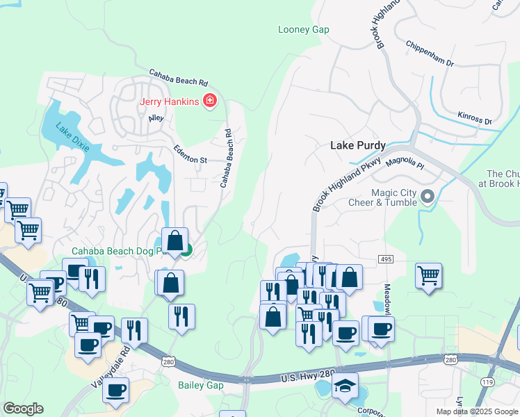 map of restaurants, bars, coffee shops, grocery stores, and more near 1 Eagle Ridge Drive in Birmingham
