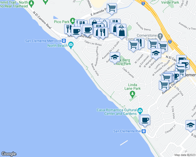 map of restaurants, bars, coffee shops, grocery stores, and more near 1011 Buena Vista in San Clemente