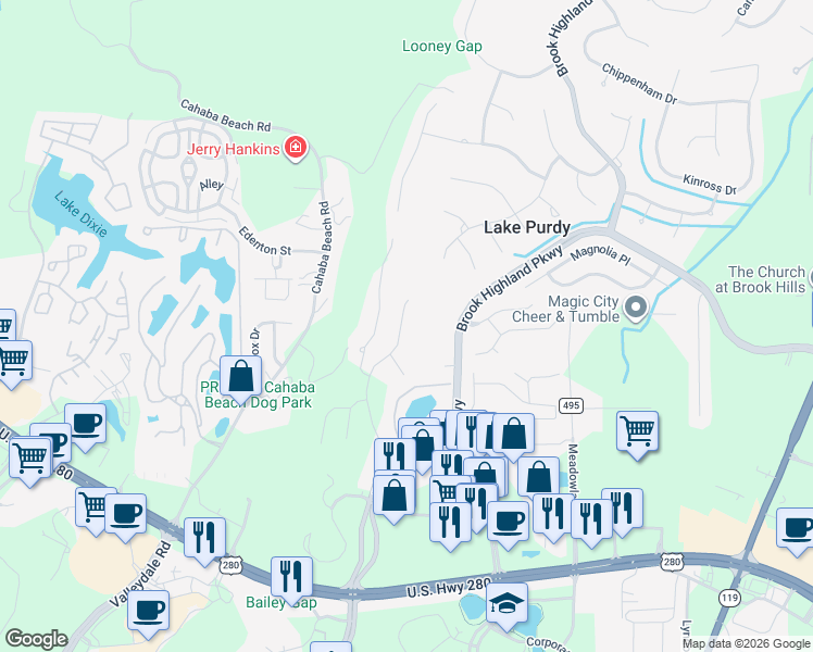 map of restaurants, bars, coffee shops, grocery stores, and more near 2122 Eagle Ridge Drive in Birmingham