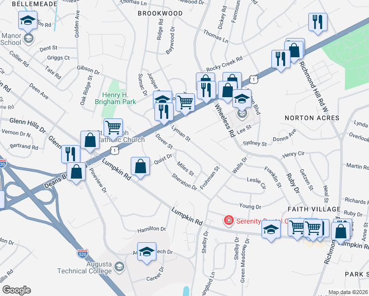 map of restaurants, bars, coffee shops, grocery stores, and more near 2564 Lyman Street in Augusta