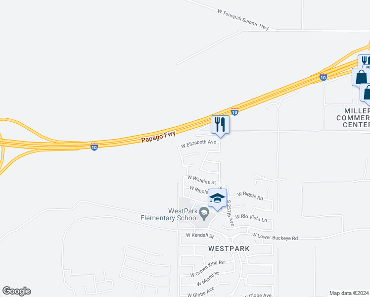 map of restaurants, bars, coffee shops, grocery stores, and more near 25863 West Elizabeth Avenue in Buckeye