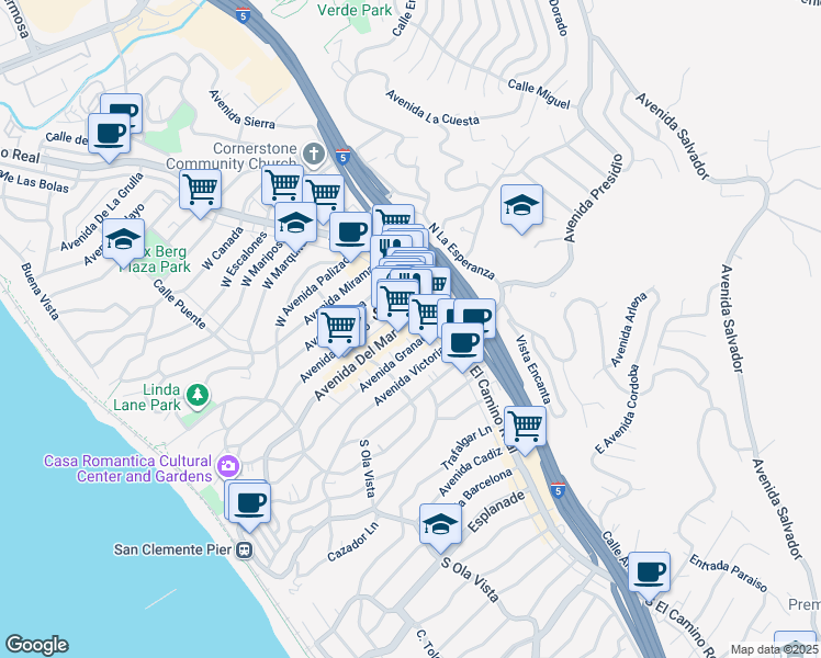 map of restaurants, bars, coffee shops, grocery stores, and more near 106 Avenida Del Mar in San Clemente