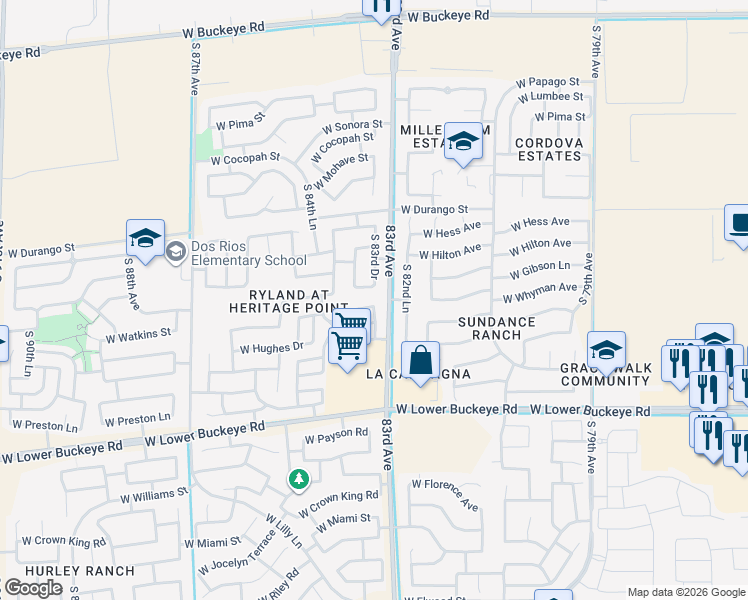 map of restaurants, bars, coffee shops, grocery stores, and more near 2221 South 83rd Drive in Tolleson