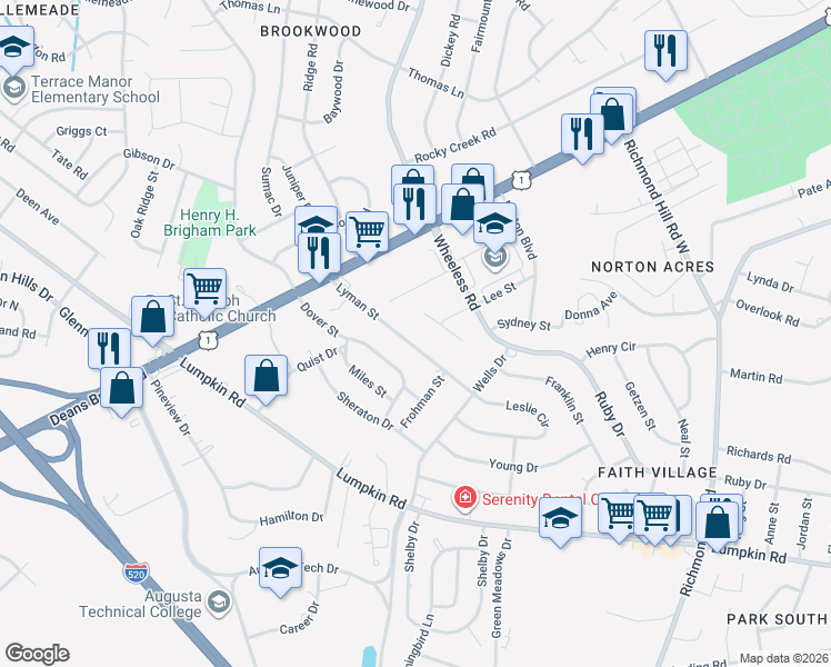 map of restaurants, bars, coffee shops, grocery stores, and more near 2553 Lyman Street in Augusta
