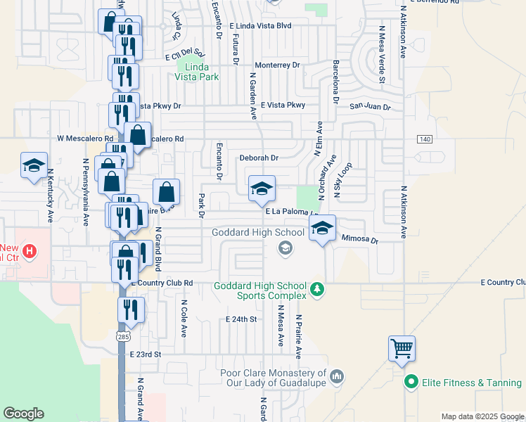map of restaurants, bars, coffee shops, grocery stores, and more near 2701 North Garden Avenue in Roswell