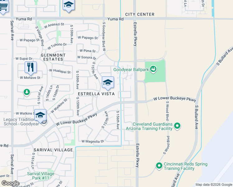map of restaurants, bars, coffee shops, grocery stores, and more near 15603 West Gross Avenue in Goodyear