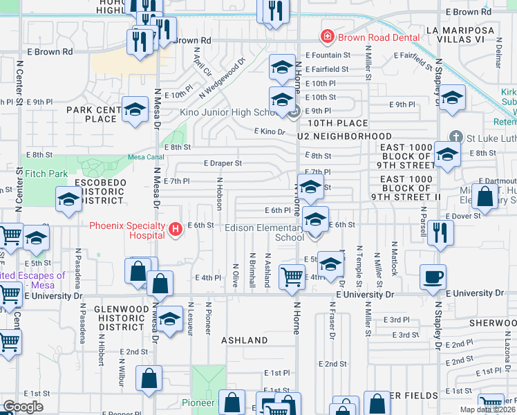 map of restaurants, bars, coffee shops, grocery stores, and more near 706 East 7th Street in Mesa