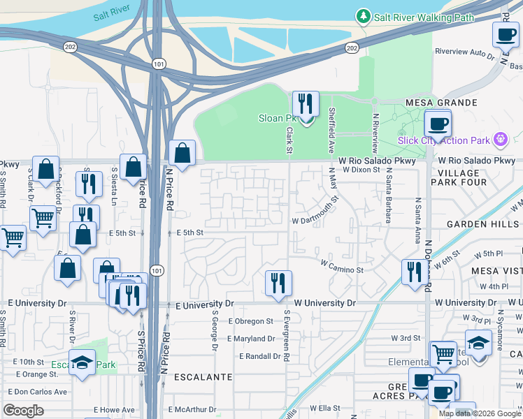map of restaurants, bars, coffee shops, grocery stores, and more near 2401 East Rio Salado Parkway in Tempe