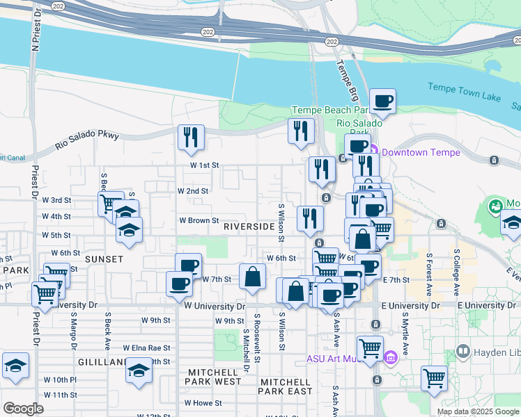 map of restaurants, bars, coffee shops, grocery stores, and more near 264 South Wilson Street in Tempe