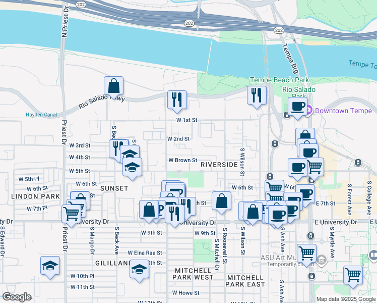 map of restaurants, bars, coffee shops, grocery stores, and more near 818 West 3rd Street in Tempe