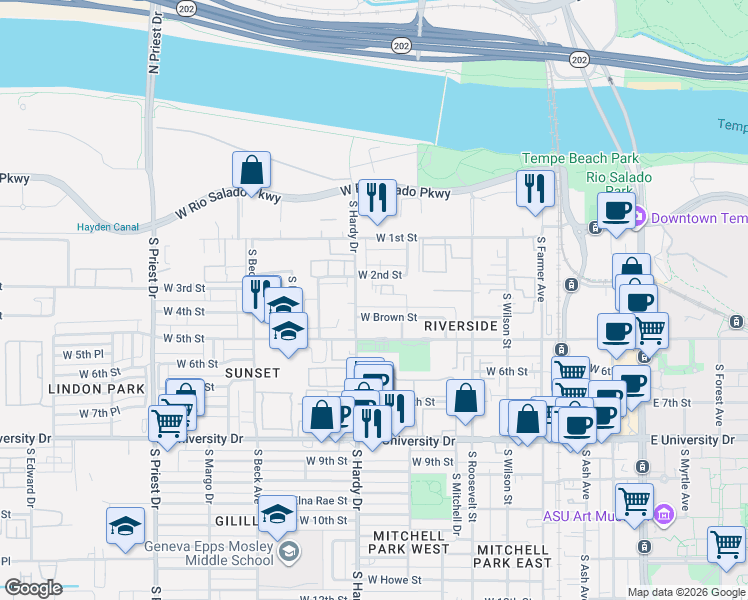 map of restaurants, bars, coffee shops, grocery stores, and more near 818 West 3rd Street in Tempe