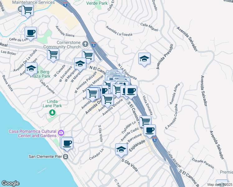 map of restaurants, bars, coffee shops, grocery stores, and more near in San Clemente