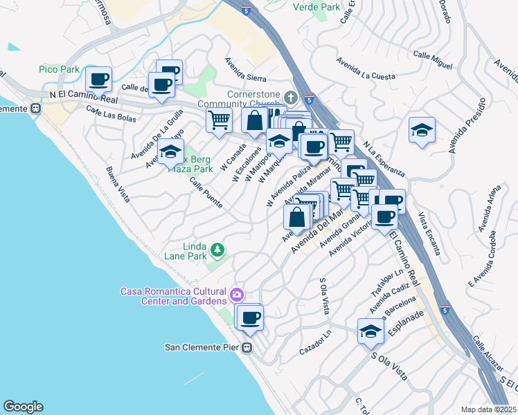 map of restaurants, bars, coffee shops, grocery stores, and more near 148 West Marquita in San Clemente