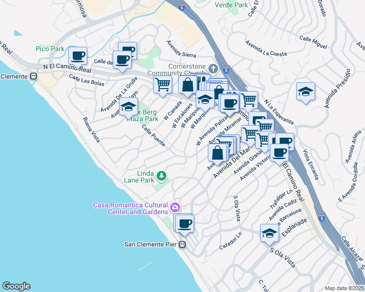 map of restaurants, bars, coffee shops, grocery stores, and more near 148 West Marquita in San Clemente