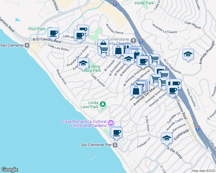 map of restaurants, bars, coffee shops, grocery stores, and more near 155 West Escalones in San Clemente