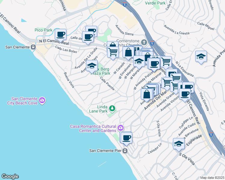 map of restaurants, bars, coffee shops, grocery stores, and more near 155 West Escalones in San Clemente