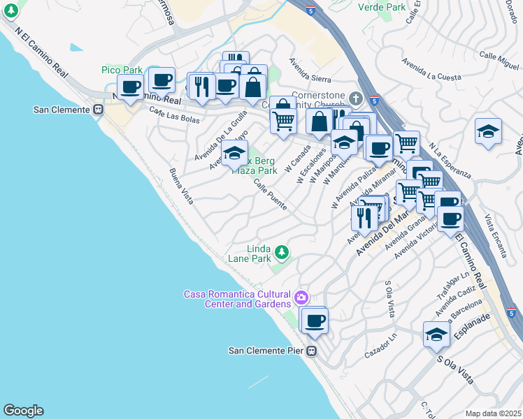 map of restaurants, bars, coffee shops, grocery stores, and more near 815 Calle Puente in San Clemente