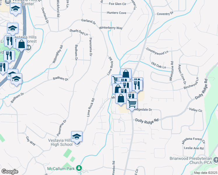 map of restaurants, bars, coffee shops, grocery stores, and more near 2343 Lime Rock Road in Vestavia Hills