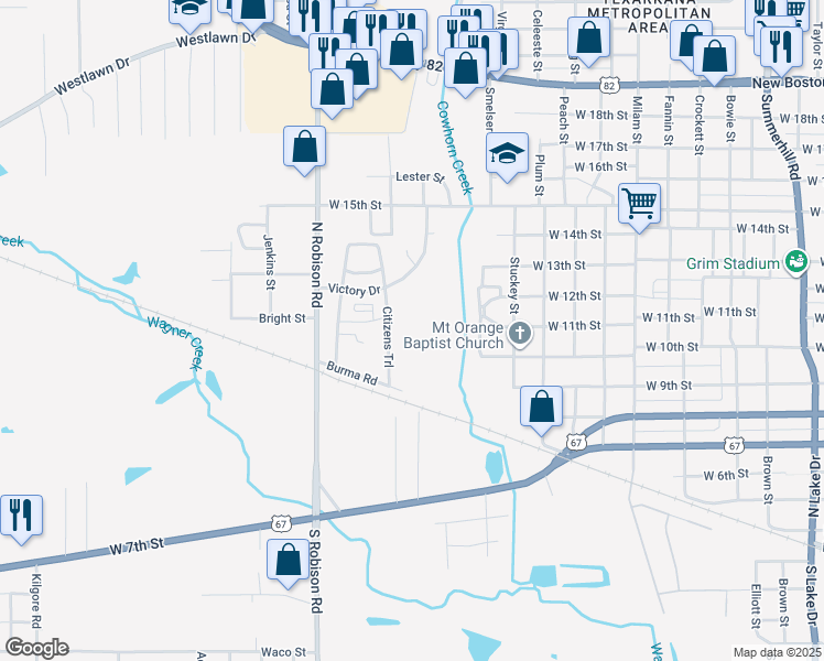map of restaurants, bars, coffee shops, grocery stores, and more near 2 East Midway Drive in Texarkana