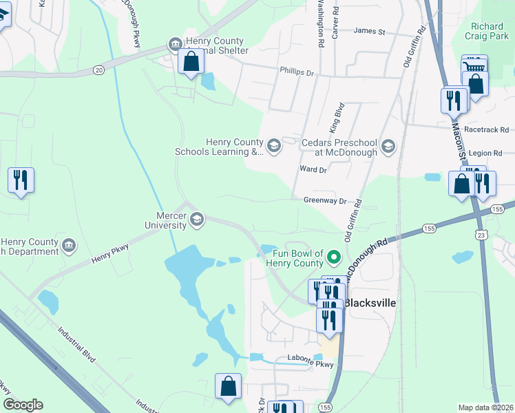 map of restaurants, bars, coffee shops, grocery stores, and more near 170 Greenway Drive in McDonough
