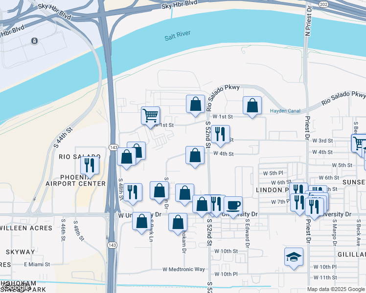 map of restaurants, bars, coffee shops, grocery stores, and more near 2032 West 4th Street in Tempe