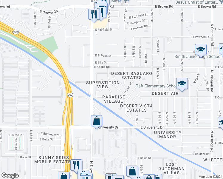 map of restaurants, bars, coffee shops, grocery stores, and more near 627 North 93rd Street in Mesa
