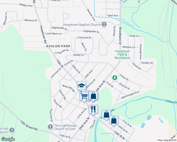 map of restaurants, bars, coffee shops, grocery stores, and more near 2033 30th Avenue North in Hueytown